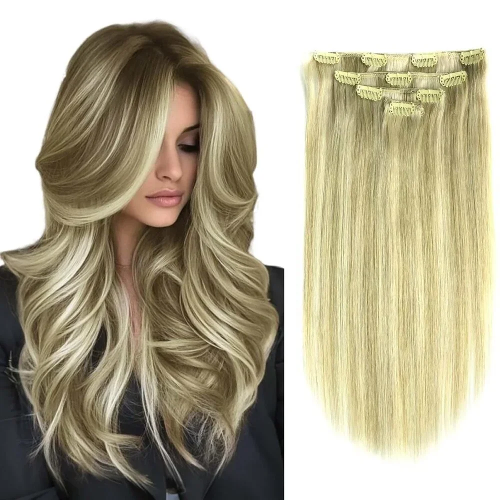 Clip-in Human Hair Extensions 14 Inch Ash Blonde Double Weft Silky Straight Wome